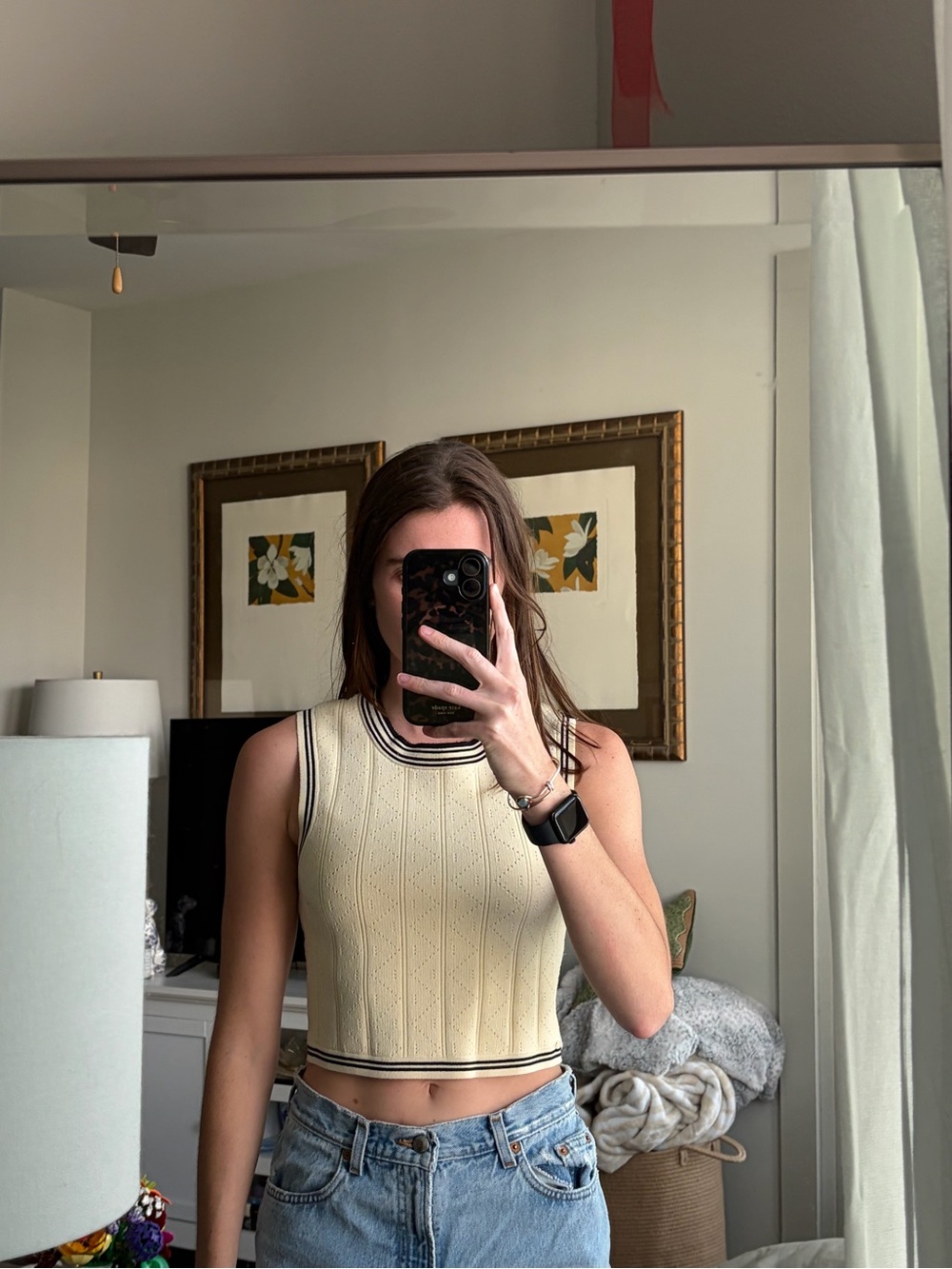 House of Harlow 1960 Cream Knit Crop Top with Black Contrast Trim